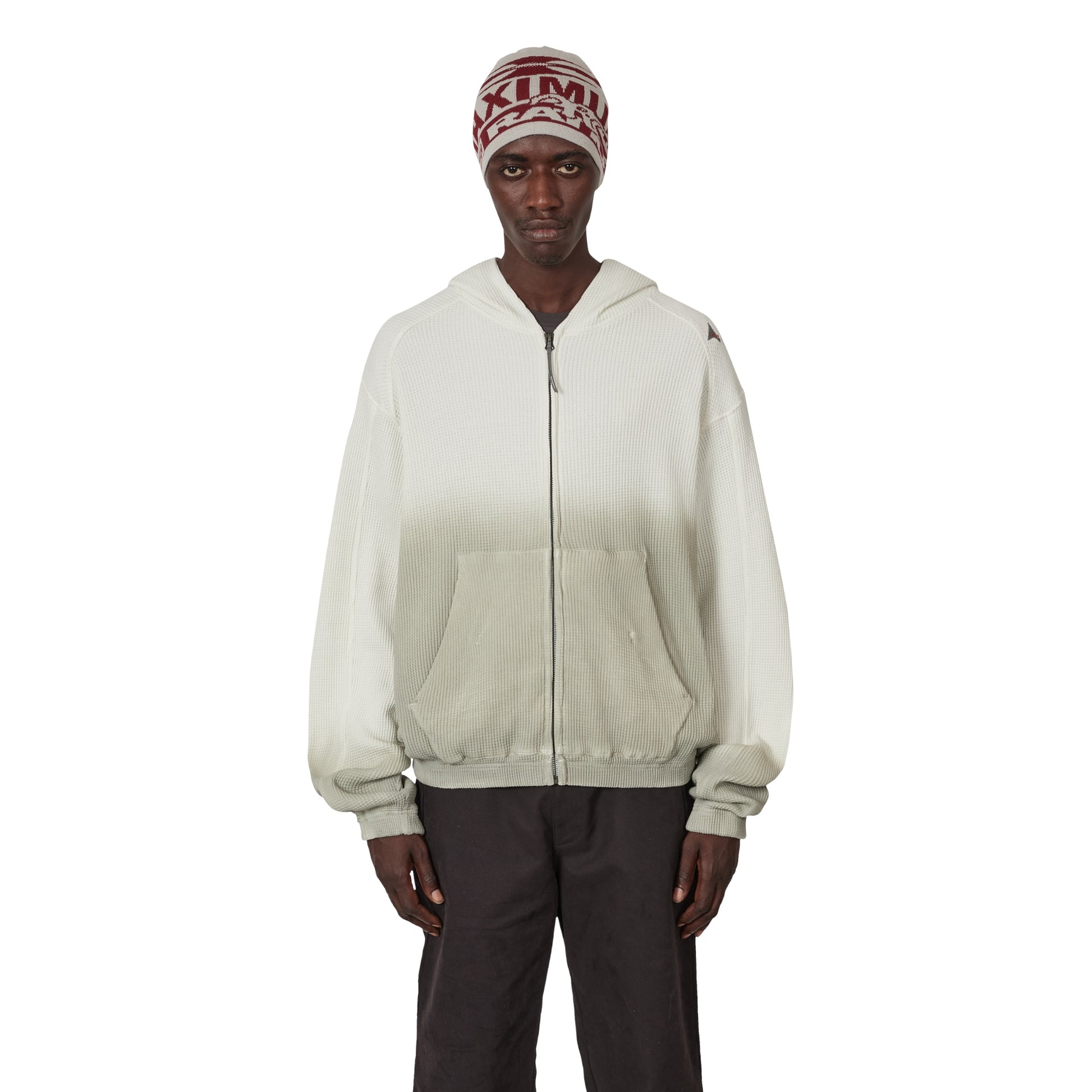 ROA Bee Sun Faded Organic Waffle Zip Up Hoodie Dirty White