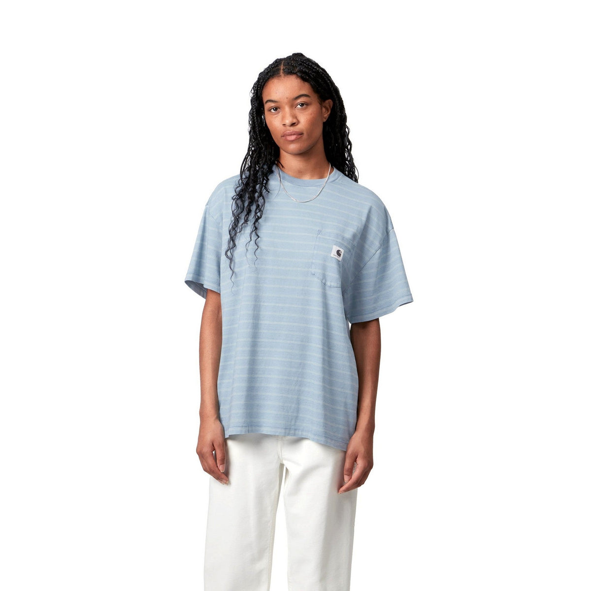 Carhartt WIP Women's S/S Brodina T-Shirt Brodina Stripe, Saguaro, Indigo overdyed