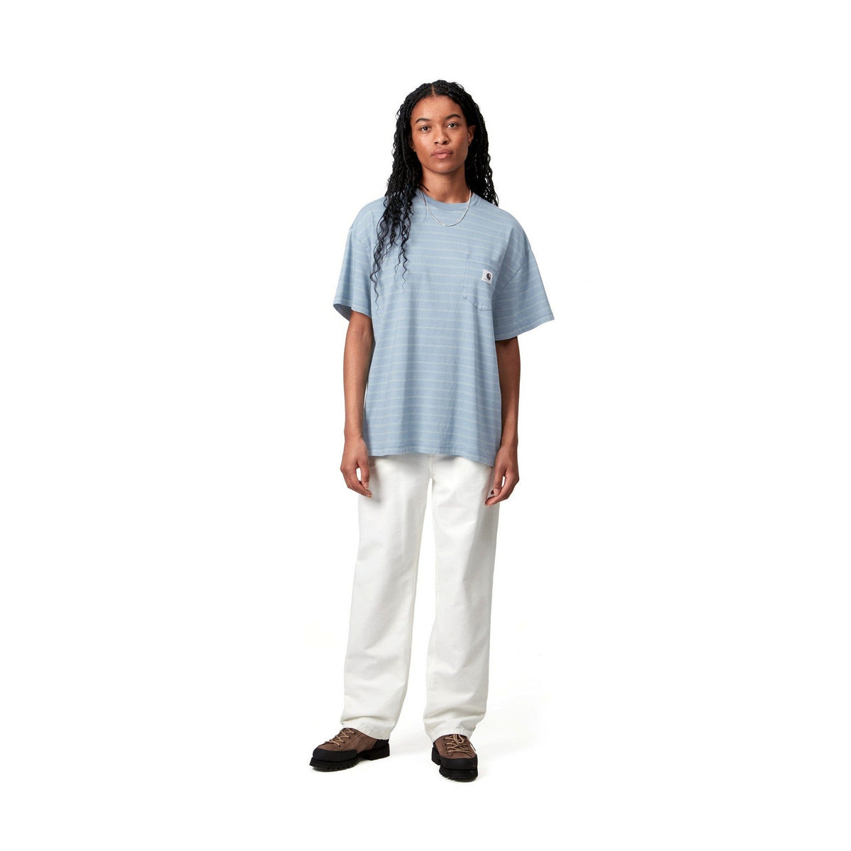 Carhartt WIP Women's S/S Brodina T-Shirt Brodina Stripe, Saguaro, Indigo overdyed