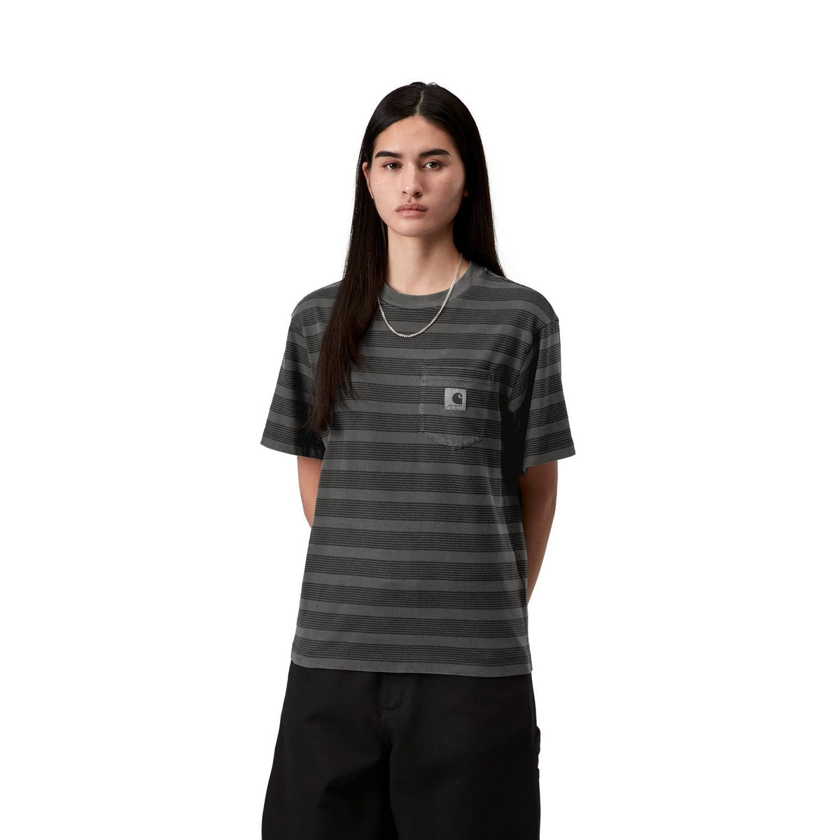 Carhartt WIP Women's S/S Hanson Pocket T-Shirt Hanson W Stripe, Black, Garment dyed