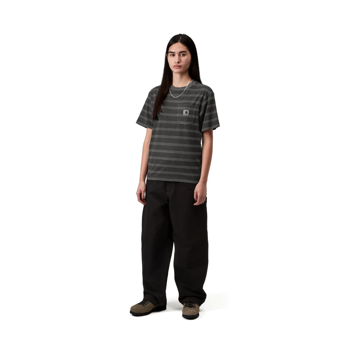 Carhartt WIP Women's S/S Hanson Pocket T-Shirt Hanson W Stripe, Black, Garment dyed