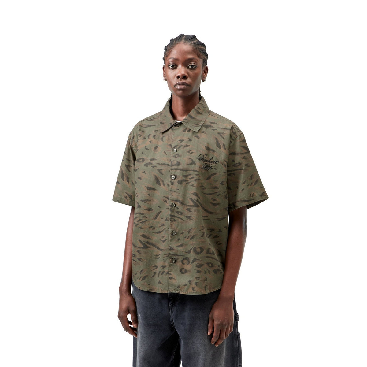 Carhartt WIP Women's S/S Travon Shirt Duck Feather Print, Cypress / Black