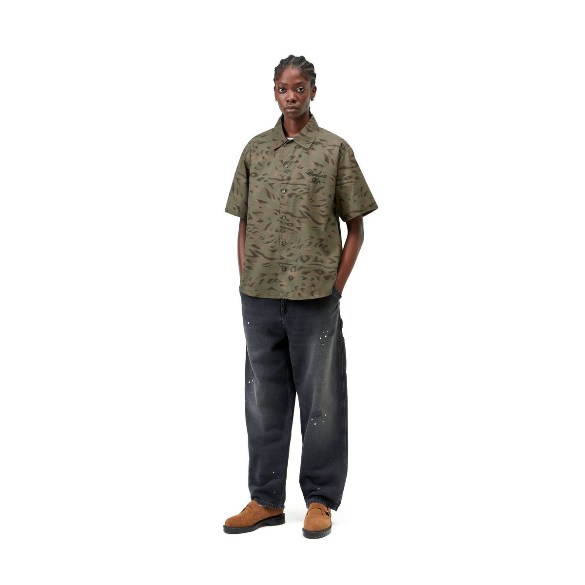 Carhartt WIP Women's S/S Travon Shirt Duck Feather Print, Cypress / Black