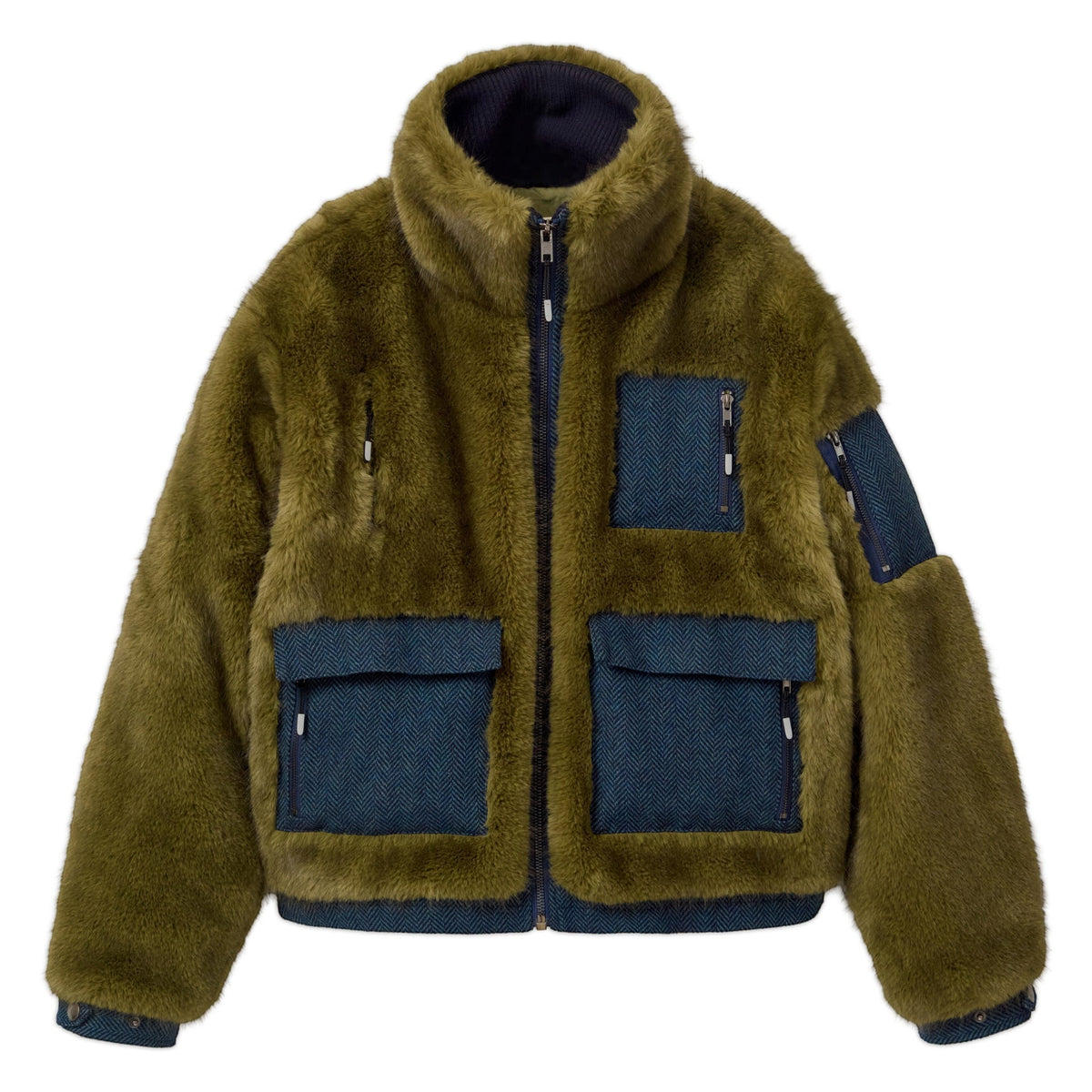 KidSuper Studios Fur &amp; Herringbone Coat - Green - KidSuper Studios